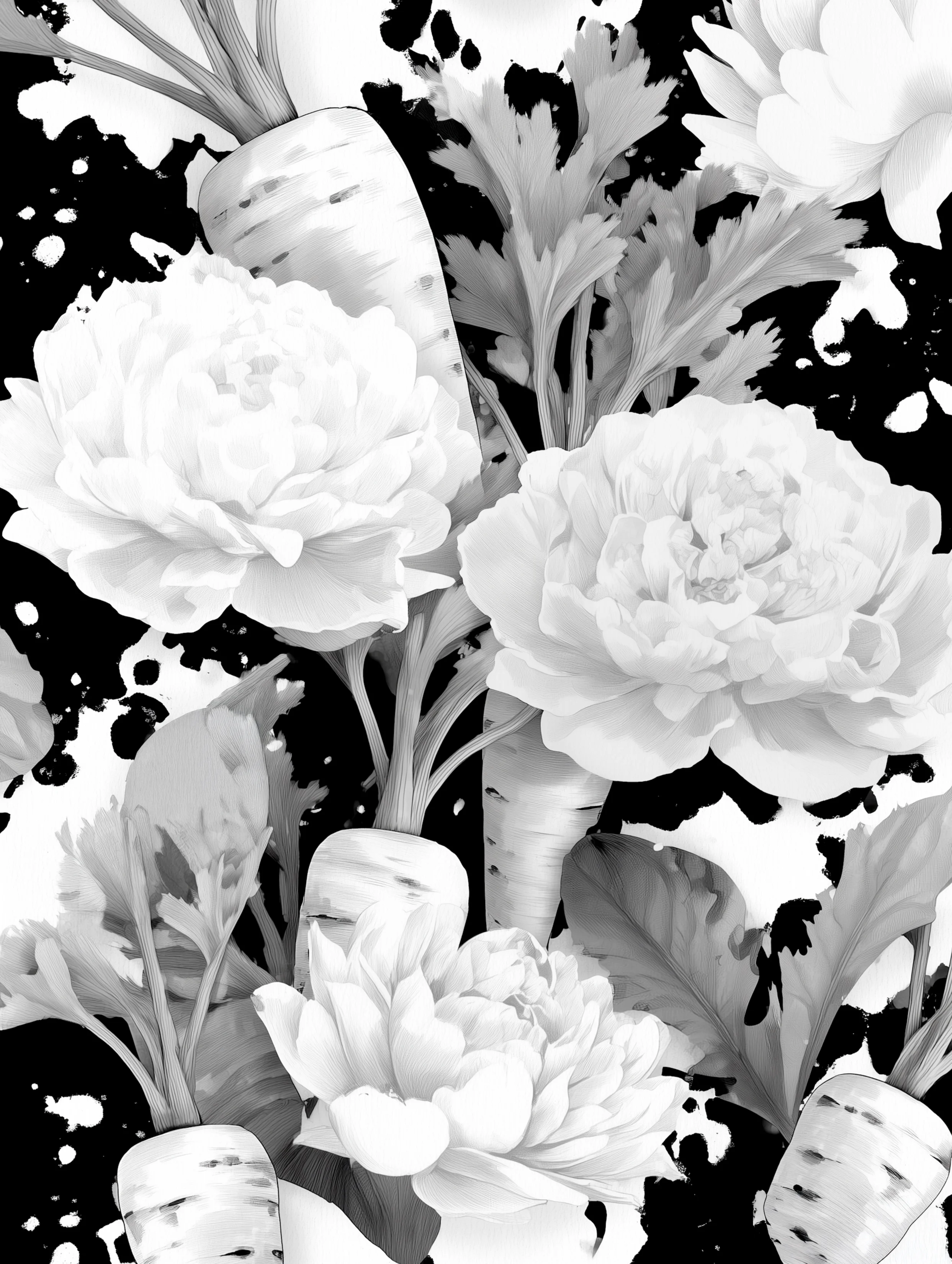 Free printable carrot coloring page for adults featuring peonies hiding carrots